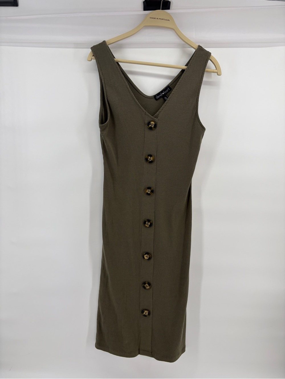 Derek Heart Women’s Large Olive Ribbed Midi Dress Faux Button Front Sleeveless